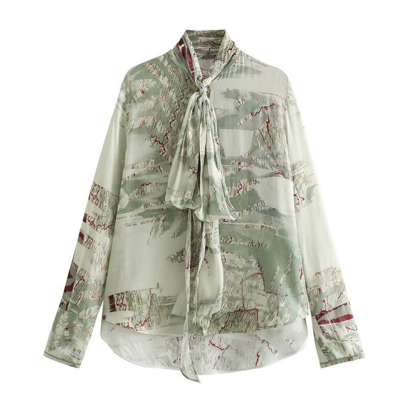 24 Spring New Arrival Fashion Style Women's Clothing Casual Loose Bowknot Decoration Print Shirt Tops 2356008 330