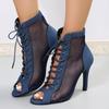 Spring and Summer New Fish Mouth High-heeled Sandals Women's Sexy Breathable Mesh Lace-up Stiletto Denim Sandals
