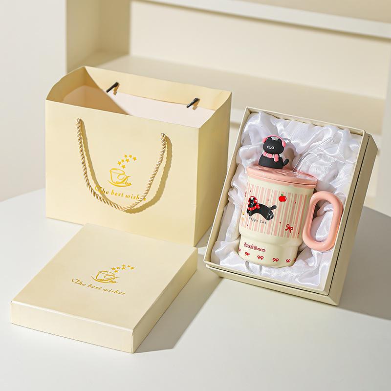 Summer New Straw Cup Doodle Animal Ceramic Water Cup with Lid Cartoon Mug Cute Birthday Gift