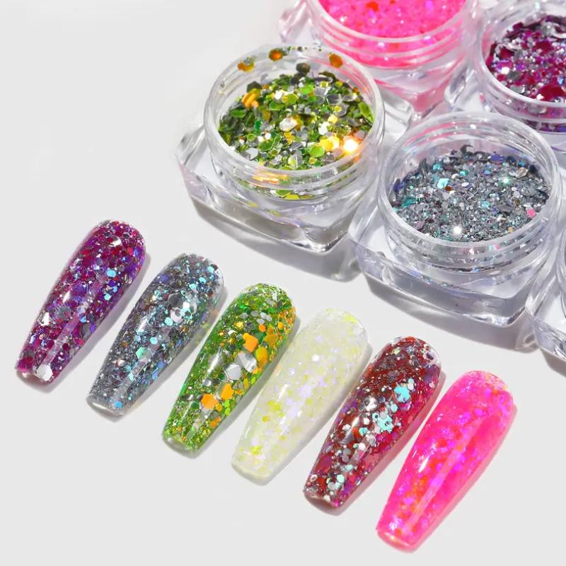 6 цветов, светоотражающие блестки для ногтей, двойной эффект, вспышка, блестящая пудра, блестки, супер блестящие украшения для дизайна ногтей