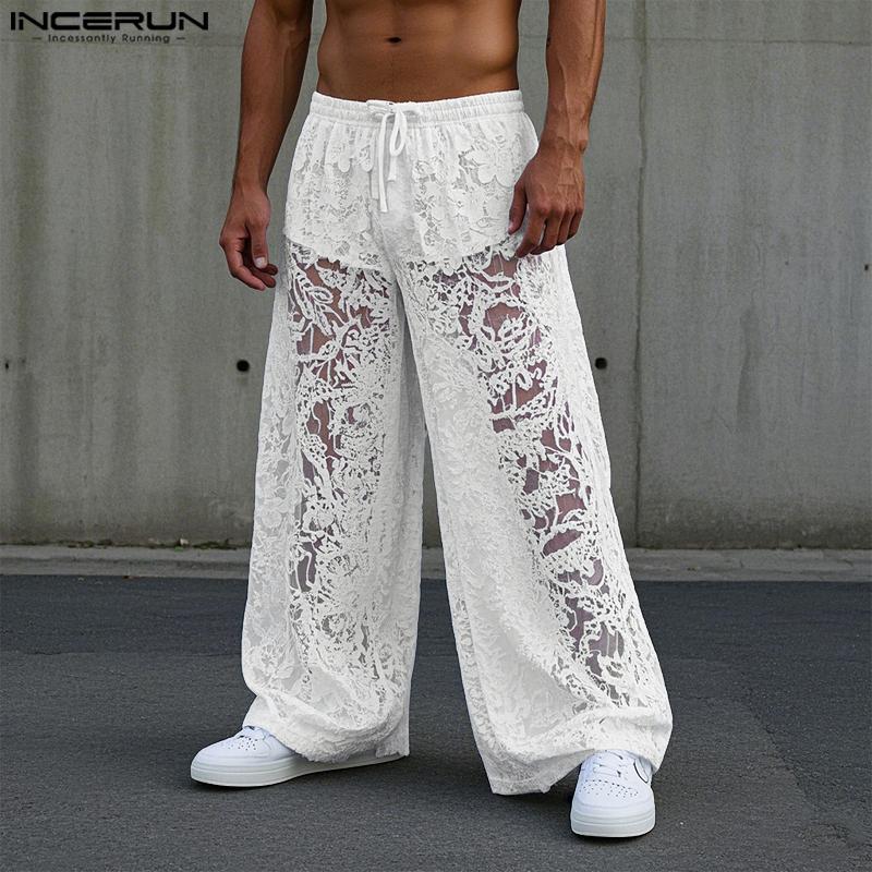 INCERUN Men Drawstring Elastic Waist Lace Patchwork Beach Loose Long Pants