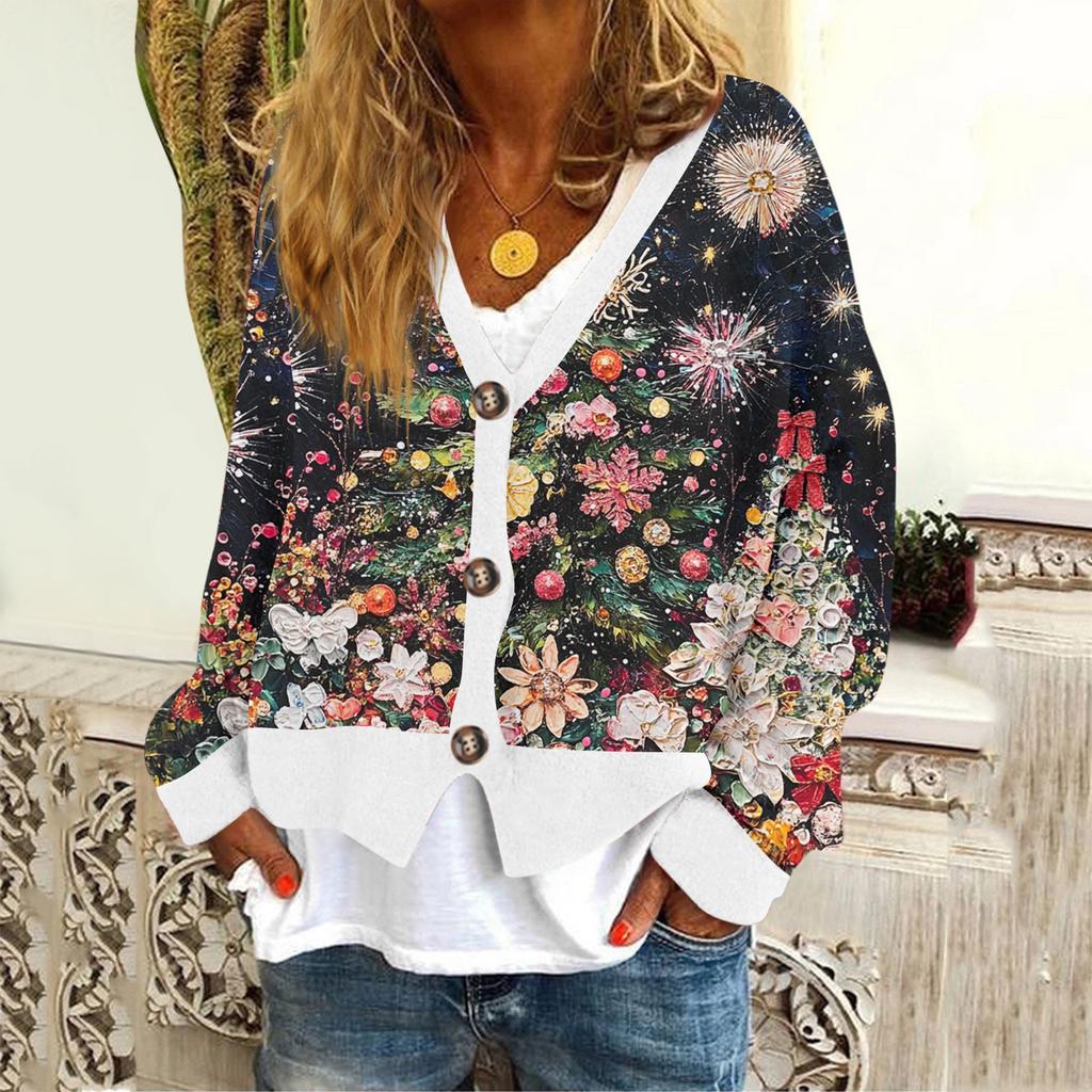 Женское модное короткое пальто, повседневное, с длинным рукавом, с рождественским принтом, однобортный плюшевый топ