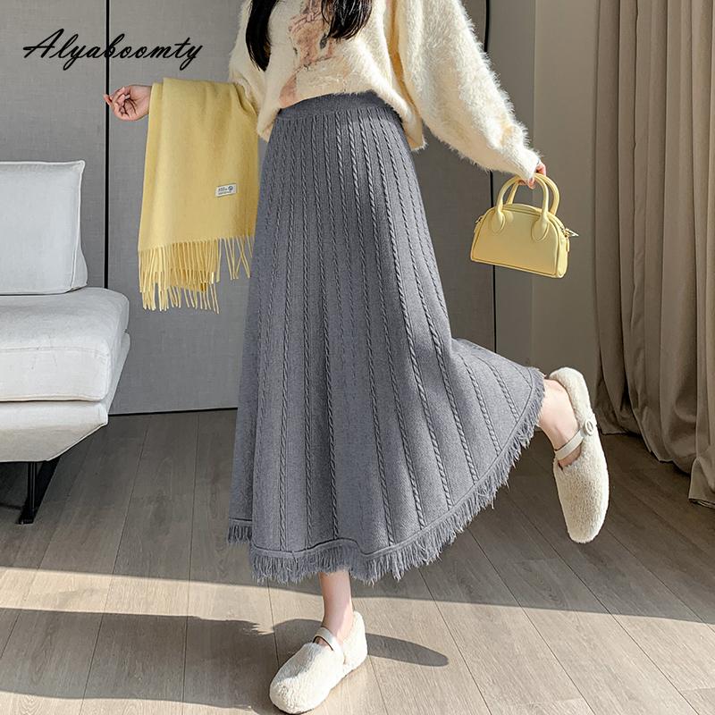 Корейская мода, осенне-зимняя женская юбка-миди с высокой талией, серая, черная, абрикосовая, кофейная, толстая теплая юбка, элегантная женская юбка с кисточками, женские юбки