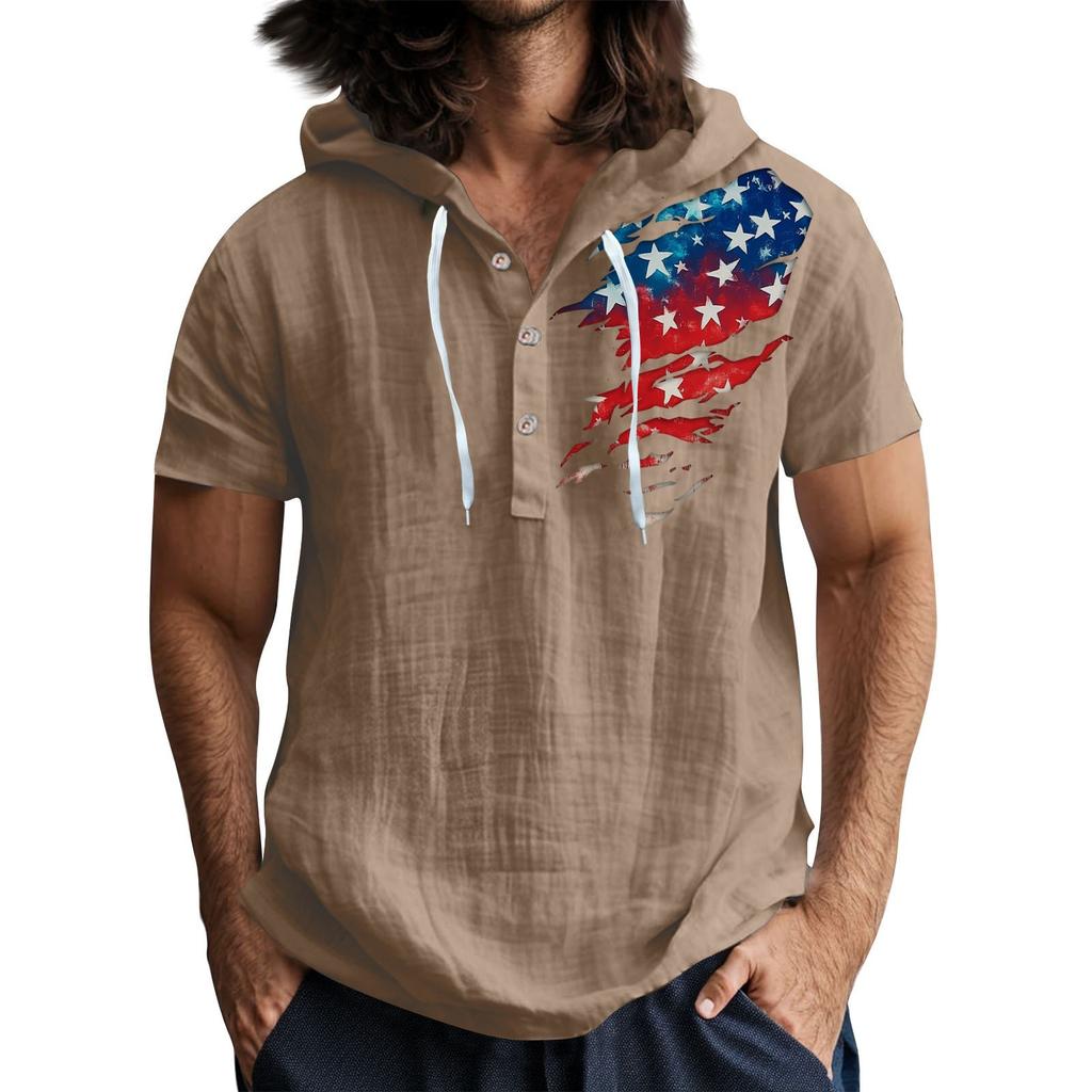 Мужская повседневная футболка с короткими рукавами, капюшоном и открытым воротом на пуговицах