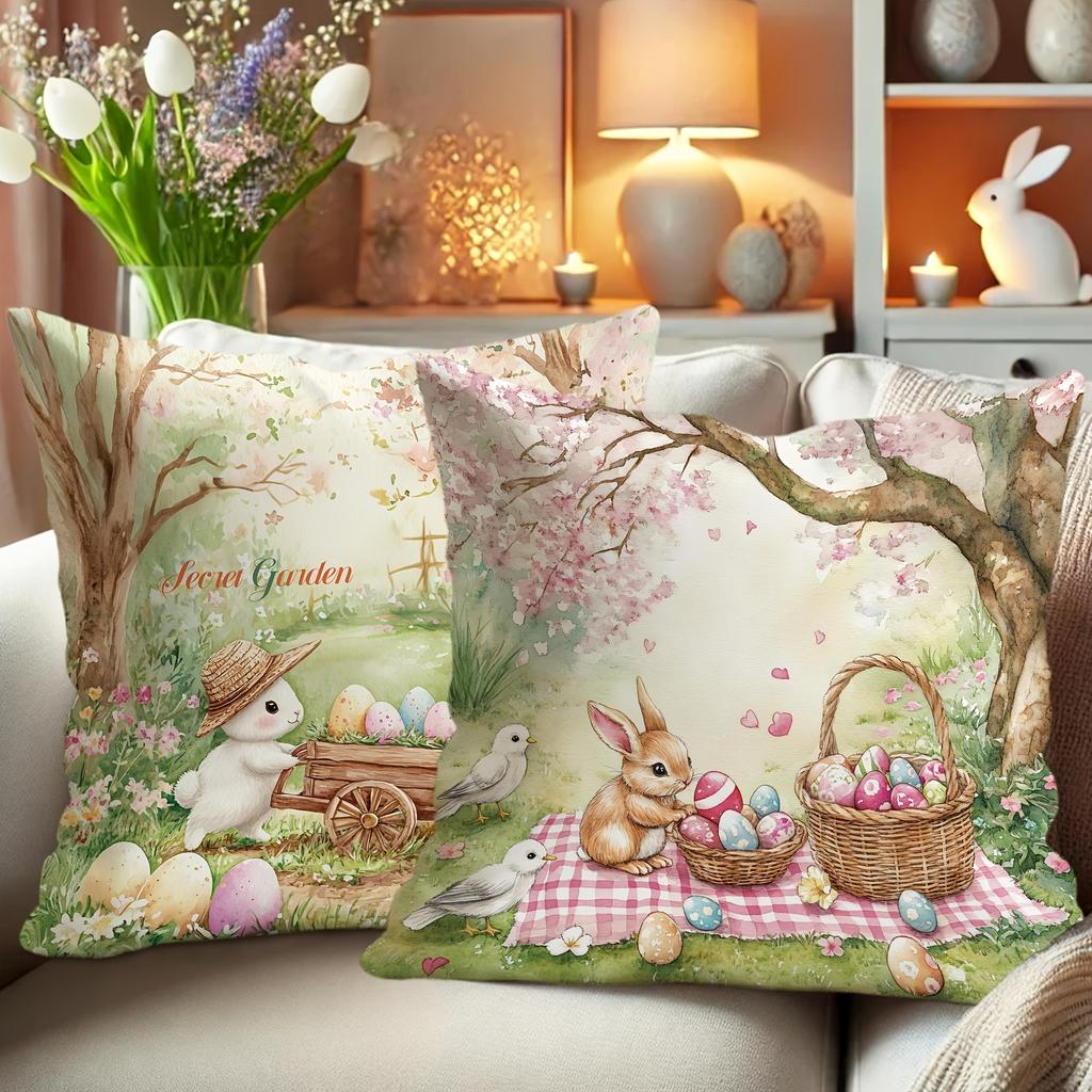 1Pc Easter Decor Bunny Egg Flower Pillowcase Cute Funny Brown Pink Green Soft Comfortable Double Sided Printed Spring Decor