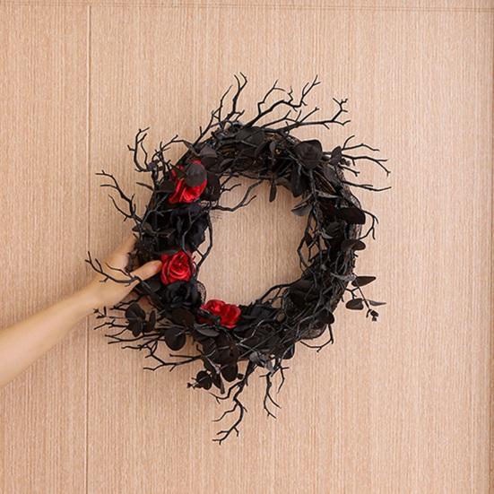 Halloween Wreath Dead Branch Garland Spooky Realistic Simulation Flower Black Decorative Wreath Door Hanging Festive Rattan Ring
