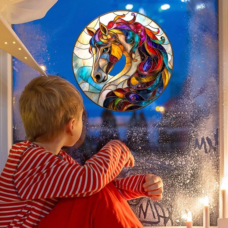 Fun-JD054 Креативная круглая красочная голова лошади Балконное стекло Окно Домашнее украшение Электростатическая наклейка на окно