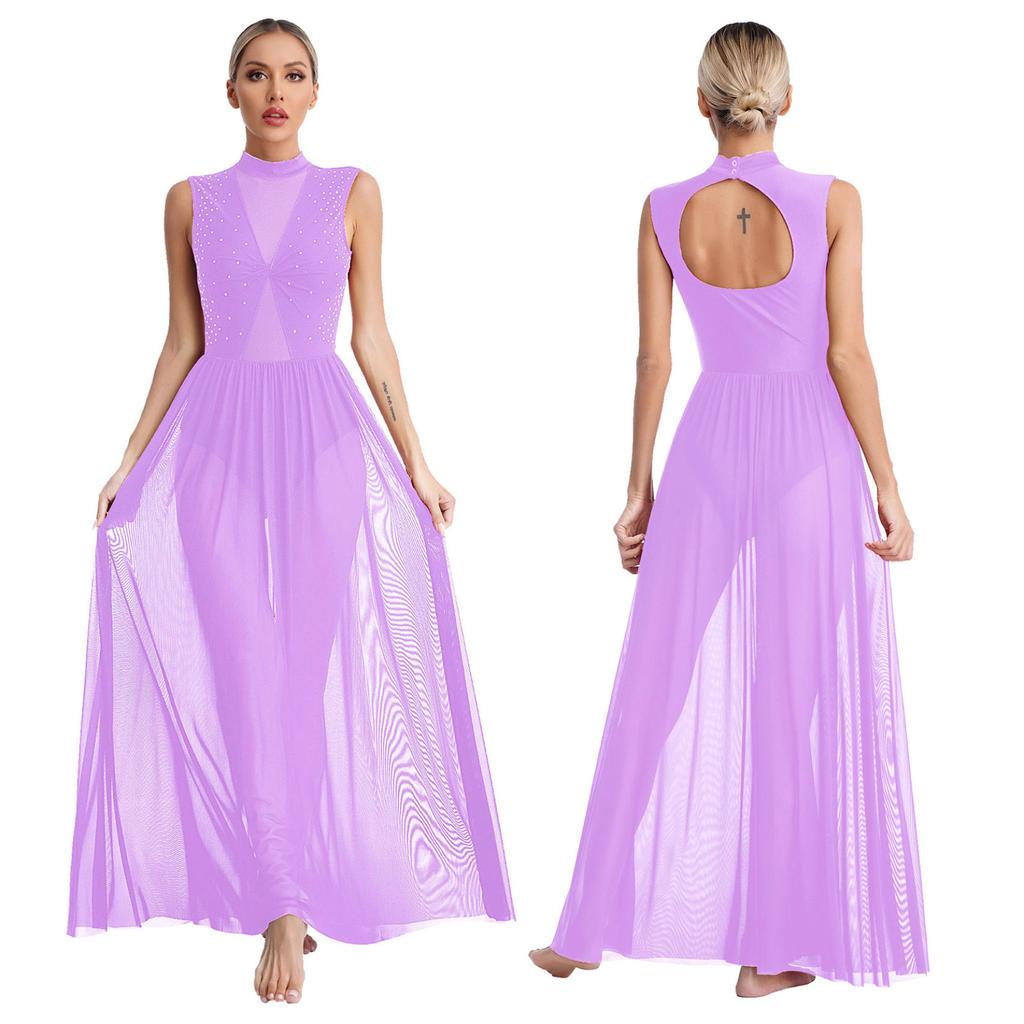Women Long Dress Lyrical Modern Dance Sleeveless Open Back Twist Sheer Mesh Overlay Leotard Praise Liturgical Dancewear