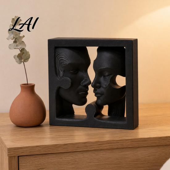 Artistic Face Decor 3D Printed Double Sculpture Modern Abstract Side Ornament Matte Black Human Statue for Desk Decoration