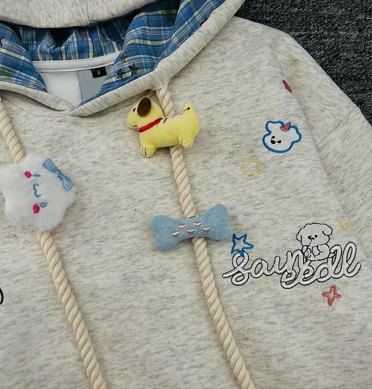 Hooded Spring and Autumn Embroidered Thin Cartoon Plus Velvet Thickened Trendy Student American Heavy Coat Loose Version Hoodie