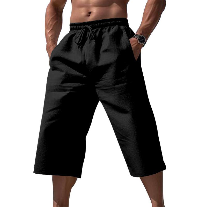 Breathable Lightweight Men Linen Cropped Capri Pants, Elastic Waist Drawstring Wide Leg 7/8 Shorts, Multi Color Casual Beach Pocket Trousers