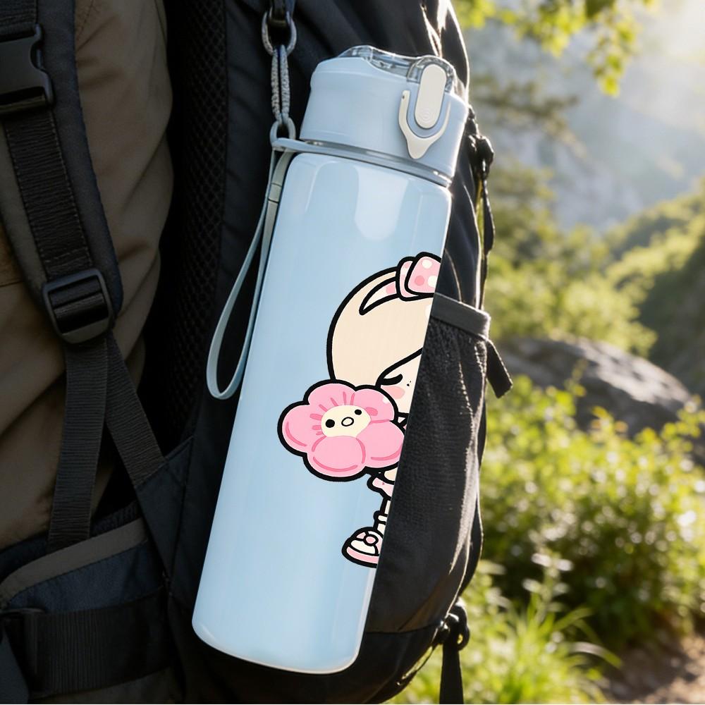 1PC Pink Dress Chibi Girl Doll 750ml Color Plastic Sports Water Bottle Leakproof Flip Straw Lid Suitable for Sports Office Home Use