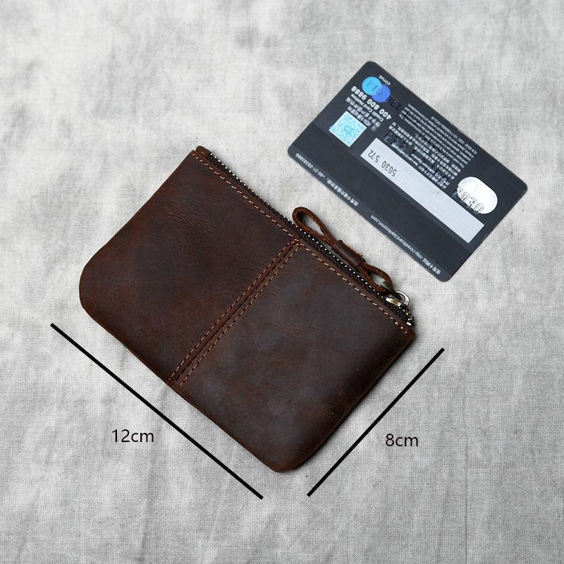 Retro Top Layer Cowhide Genuine Leather Mens Thin Purse Small Wallet Slim Zipper Key Coin Holders Loose Change Pocket Pouches