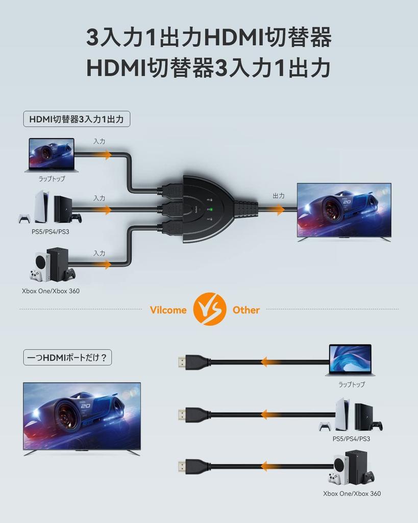 Vilcome HDMI с 3 входами и 1 выходом, без питания, ручной, совместимый с Fire TV, Xbox Game, PS4, ЖК-дисплеем, для переключения/разветвителя/селектора, поддержка 1080p/3D,