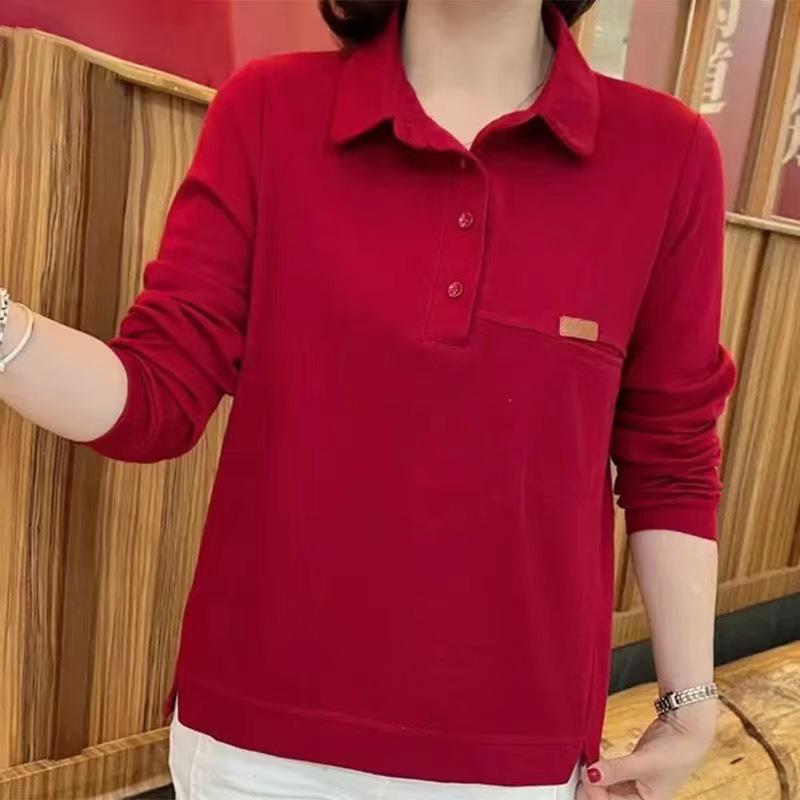 Женская толстовка с лацканами: Свободный, прикрывающий живот топ с длинными рукавами для мам среднего возраста, идеально подходит для повседневной носки весной и осенью.