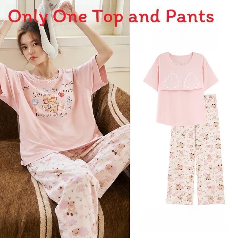 Pure Cotton Summer Sleepwear Set For Women With Chest Padding And Breathable Short Sleeve Long Pants For Home And Outdoors