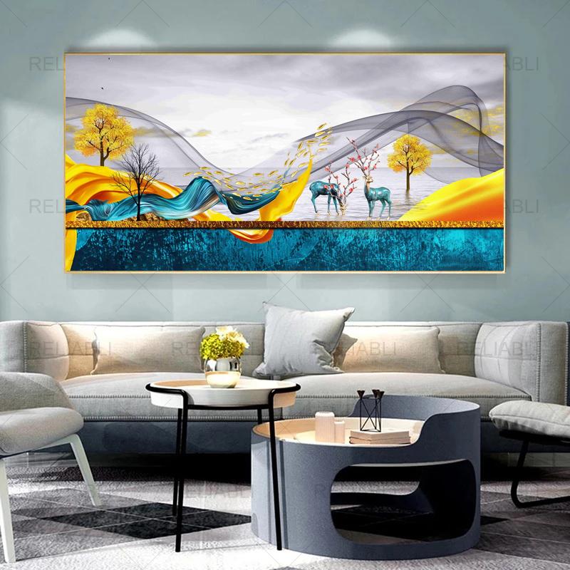 Современная абстрактная декоративная картина с оленьим деревом, лента, печать на холсте, настенные художественные картины для гостиной, светлый роскошный домашний декор