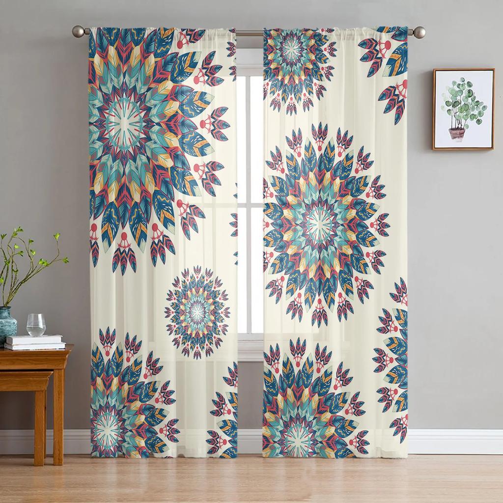 Mandala Bohemian Sheer Curtains for Bedroom Living Room Decoration Window Curtain for Kitchen Tulle Voile Organza Drapes