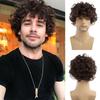 Synthetic Short Brown Wig for Men Afro Messy Perm Curly Haircut Handsome Cool Wig with Bangs Cosplay Carnival Party
