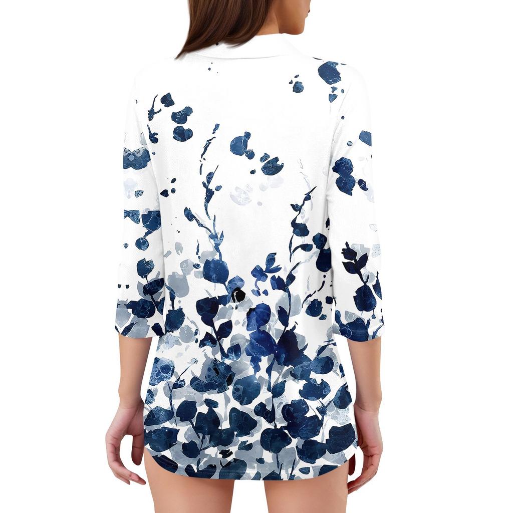 Женская мода Повседневная рубашка с лацканами и рукавами 3/4 с принтом Женские топы с V-образным вырезом