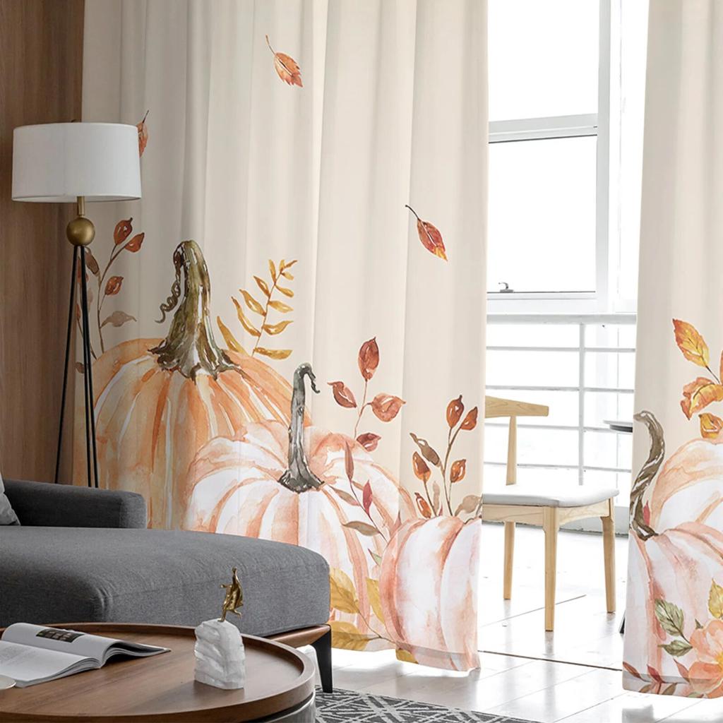 Thanksgiving Fall Pumpkin Leaves Sheer Curtains For Living Room Bedroom Tulle Curtain For Kitchen Voile Curtain Blind Panels