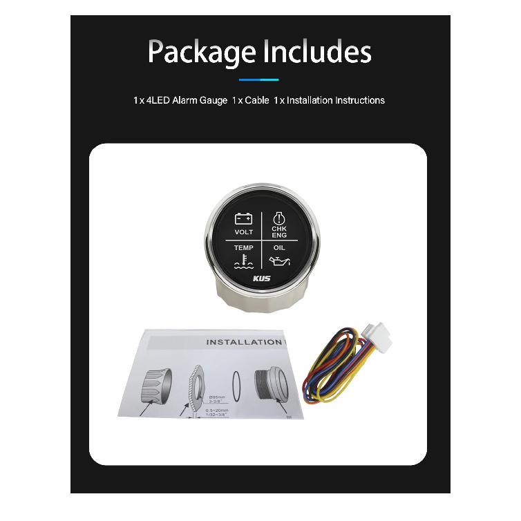 KUS 4 LED Alarm Gauge Meter Volt Water Temp Oil Pressure CHK ENG 2"(52mm) 9-32V with Backlight