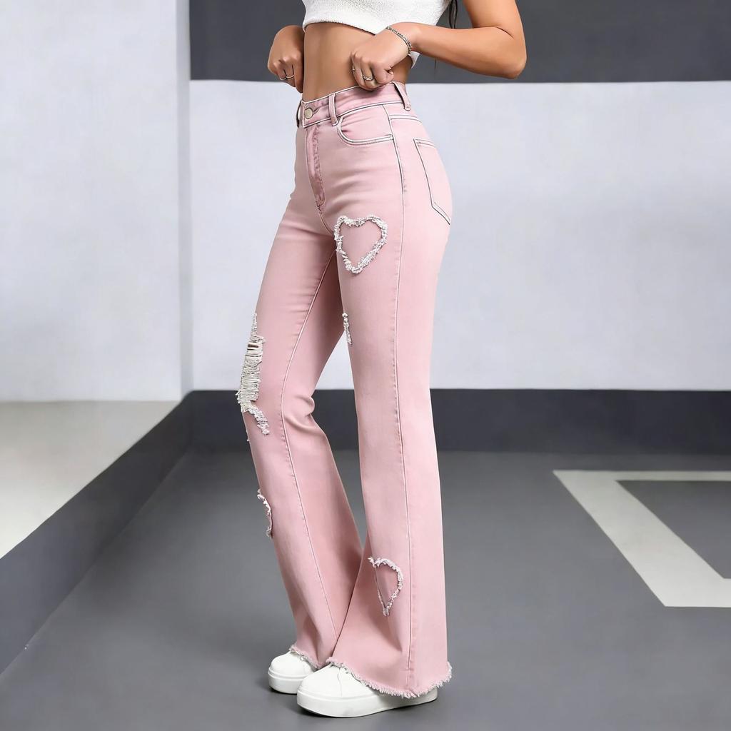 Джинсовые Расклешенные Брюки Женские С Дырками Джинсы Boot Cut Потертые Уличный Стиль Высокая Талия Эластичные Стиранные Винтажные Брюки Полной Длины