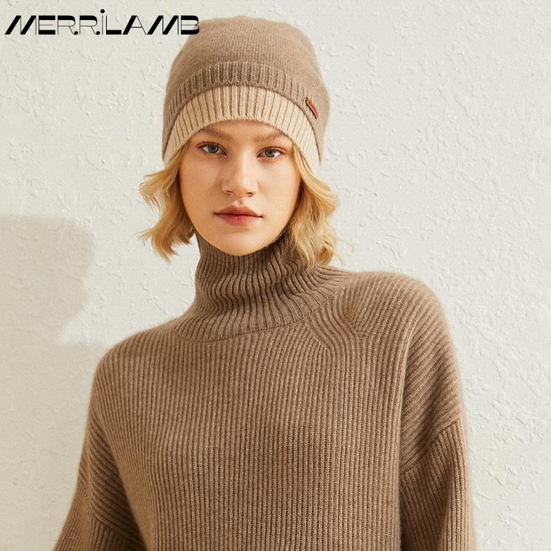 Шапка из 100% кашемира, мягкая шапка MERRILAMB, женская зимняя утолщенная теплая шапка с капюшоном, шапка с ворсом, женские вязаные шапки
