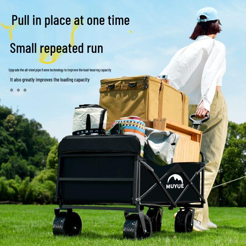 Складная ручная тележка для кемпинга на открытом воздухе с дышлом - Портативный пикник и многофункциональный лагерный прицеп.
