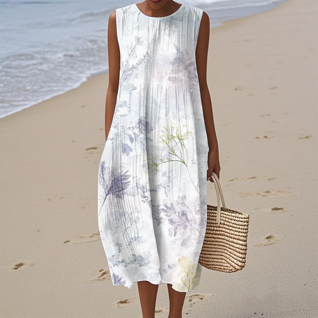 Женское модное повседневное платье без рукавов с круглым вырезом и цветочным принтом, элегантное, темпераментное