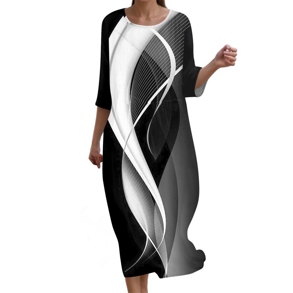 Женское модное платье свободного кроя с принтом, круглым вырезом и рукавом три четверти