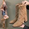 Thick Heeled Pointed Western Cowboy Boots, Short Boots for Women Autumn and Winter Suede Leg Boots
