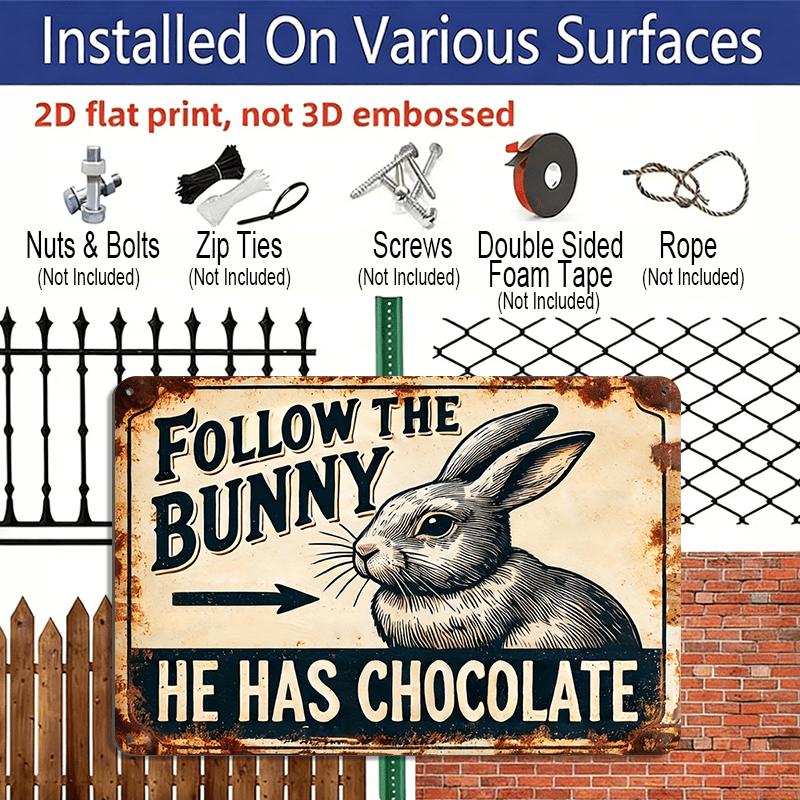 2D Flat Follow The Bunny Vintage Metal Wall Sign - 8x12 Inch Aluminium Bunny Decor Suitable for Easter, Halloween, Christmas, Distressed Retro Font