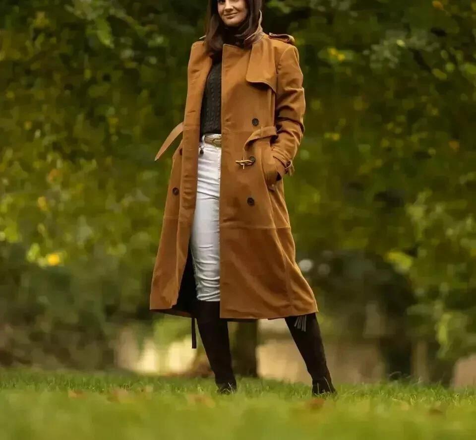 Натуральная овчина Ручная работа Длинное вечернее Стильное женское Коричневое Тренч Замшевая кожа