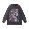 Japanese Retro Cartoon Printing Long-Sleeved Bottoming T-Shirt For Men And Women Hip-Hop Heavy Industry Washing And Doing Old Vintage Long Tee