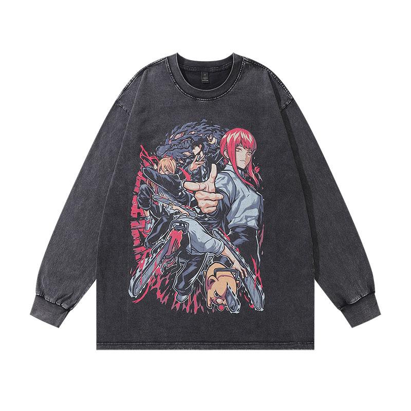 Japanese Retro Cartoon Printing Long-Sleeved Bottoming T-Shirt For Men And Women Hip-Hop Heavy Industry Washing And Doing Old Vintage Long Tee