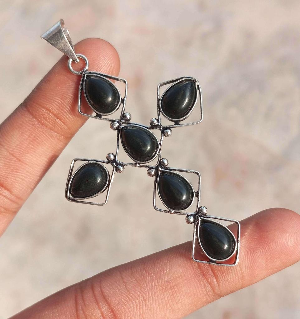 Black Onyx Gemstone 925 Sterling Silver Plated Gifted Cross Shape Pendant Jewelry NST-J2H6143