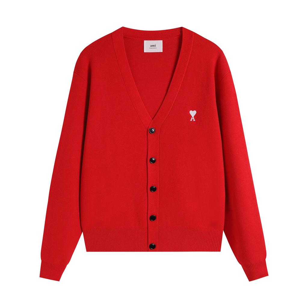 AMI Autumn and Winter New Little White Heart Alpaca Wool Blended Soft and Sticky Knitted Cardigan Round Neck Cloud Sweater Pocket Coat