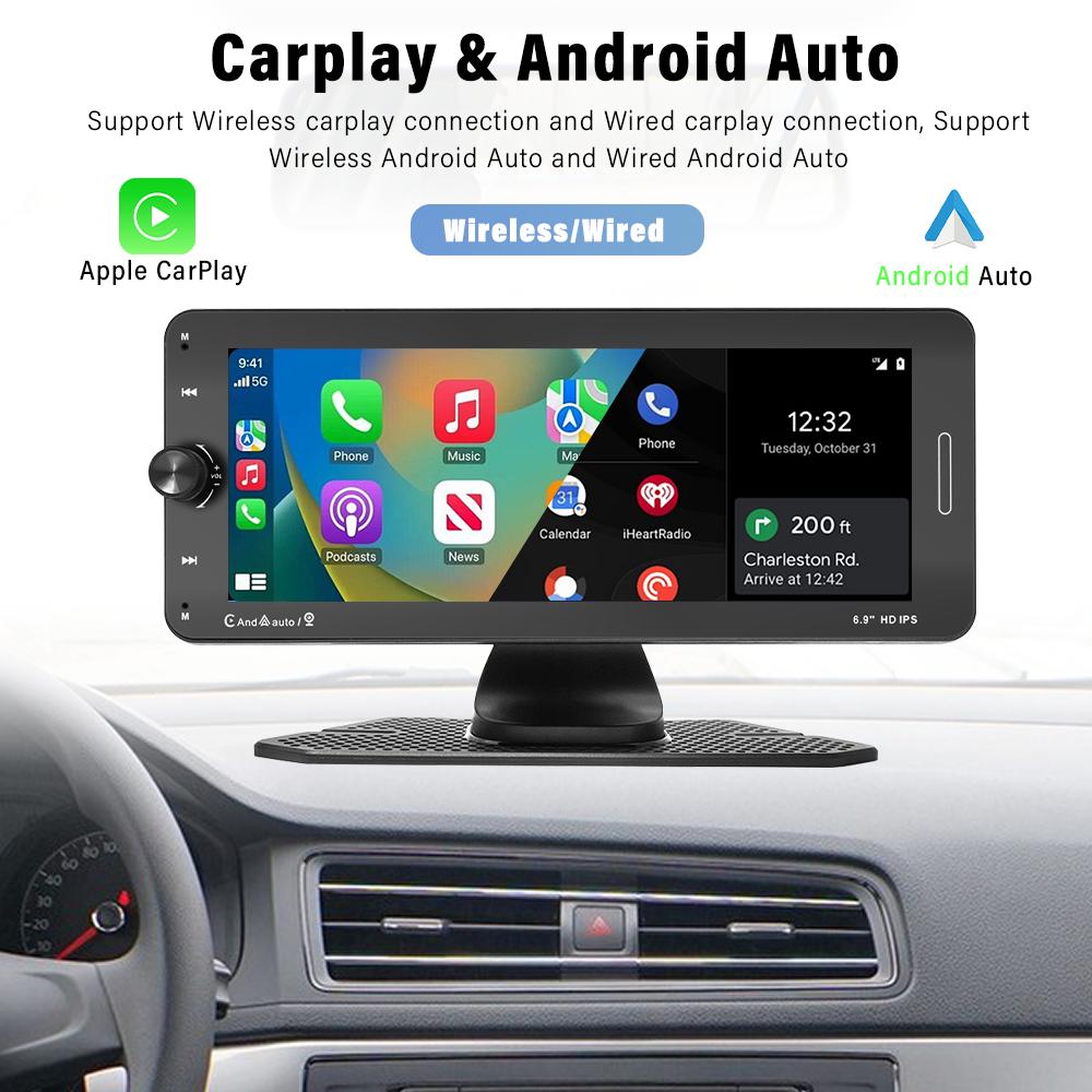 6,9-дюймовый портативный автомобильный радиоприемник, беспроводной Carplay HD IPS, сенсорный экран, плеер, зеркальная связь, FM-передатчик, DSP, встроенный Youtube