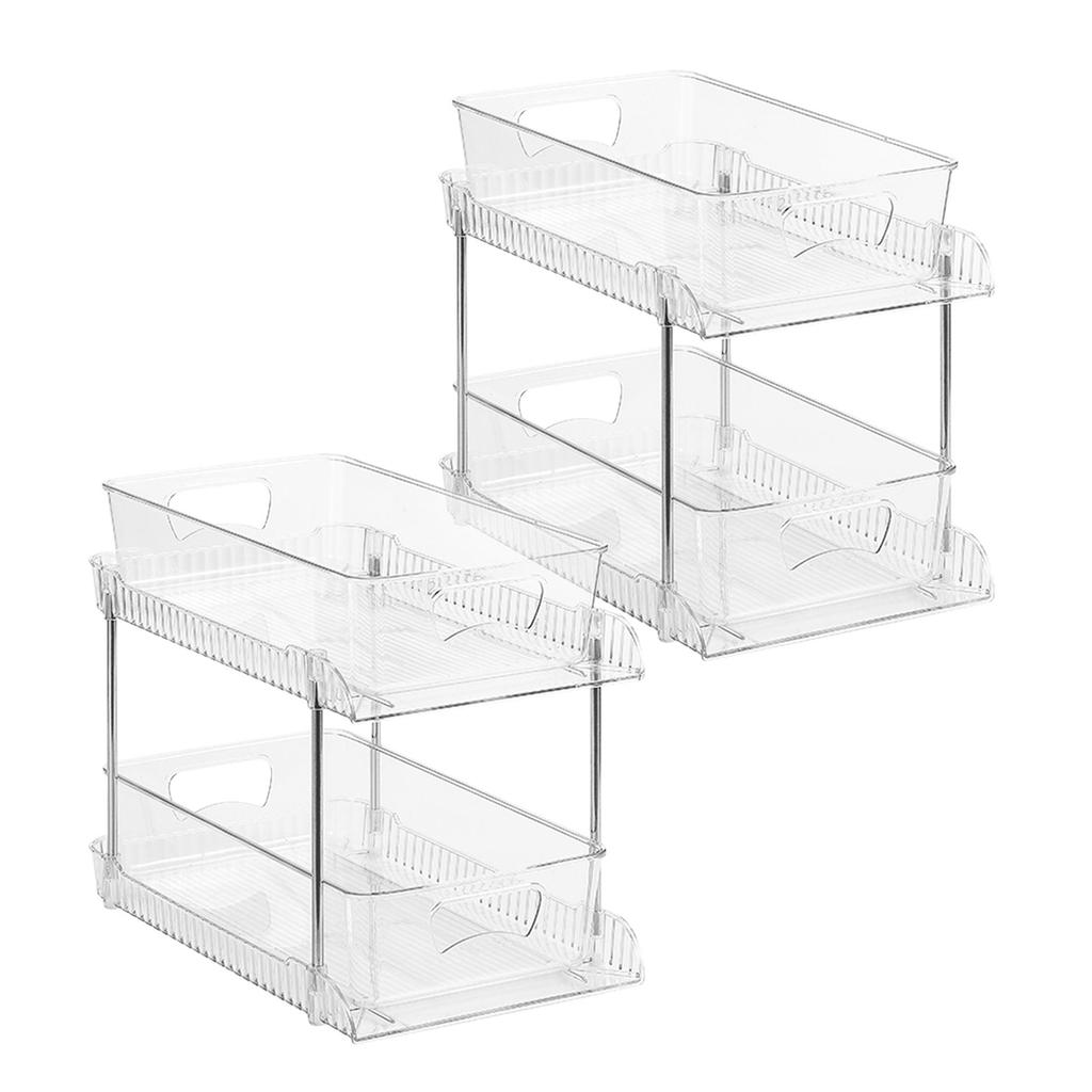 2 Pack Clear Bathroom Organizers 2 Tier Pull Out Multi Purpose Plastic Drawer Storage for Under Sink Kitchen