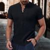 Men's Solid Color Cotton and Linen Short-sleeved Shirt Summer Casual Henry Collar Shirt Button V-neck Pullover Loose Top S-XXXL