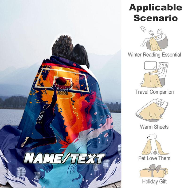 1PC Custom Name "Fire Ice Basketball Leap" flannel blanket versatile,all-season throw suitable for the living room,bedroom,camping,travel,and gift