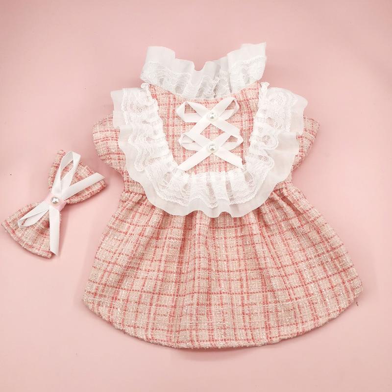 INS Pet Dog Plaid Dress with Clip Hair Cute Colling Set Cat Clothing Spring Autumn Niche Lace Dress Dog Clothing for Small Dogs