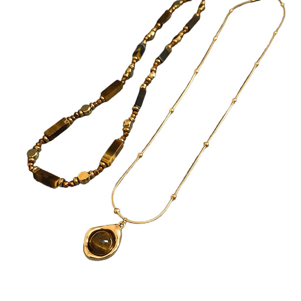 Elegant Women's Necklace with Retro Designs and Tigers Eye Stone on Sturdy Stainless Steel Chain Portable Accessory