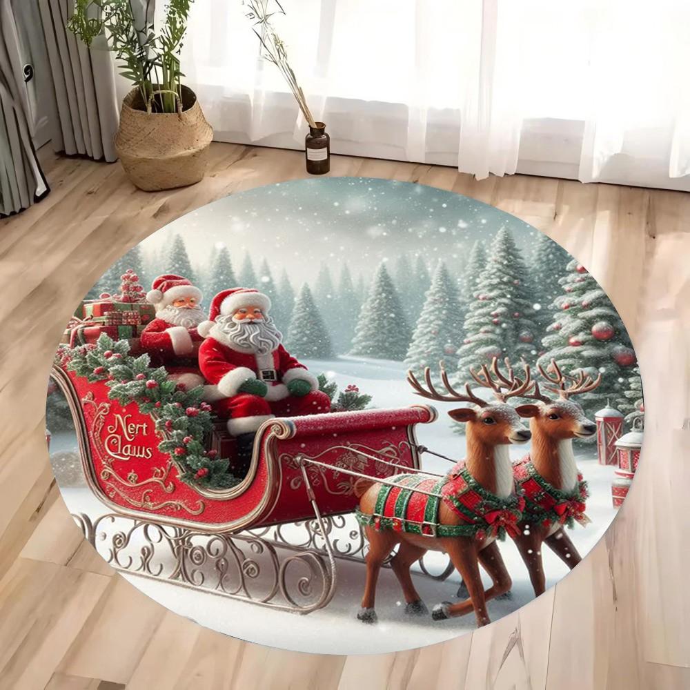 Christmas Gnome and Reindeer Circular Carpet Living Room Bedroom Mat Festive Atmosphere Decorated Christmas Tree Home Rug