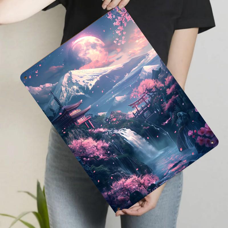 Japanese Fuji Mountain Sakura Temple Landscape Metal Iron Painting Living Room Decorative Wall Art