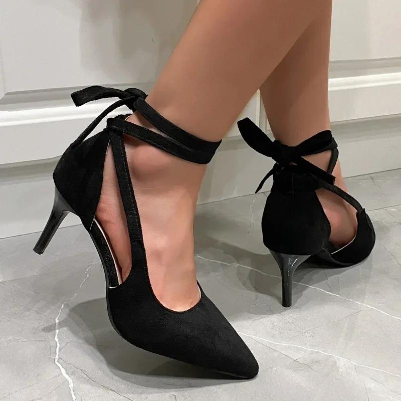 2024 High Quality Women's Shoes  Solid Color Women's High Heels Fashion Pointed Toe Lace Up Stiletto Wedding Women's High Heels
