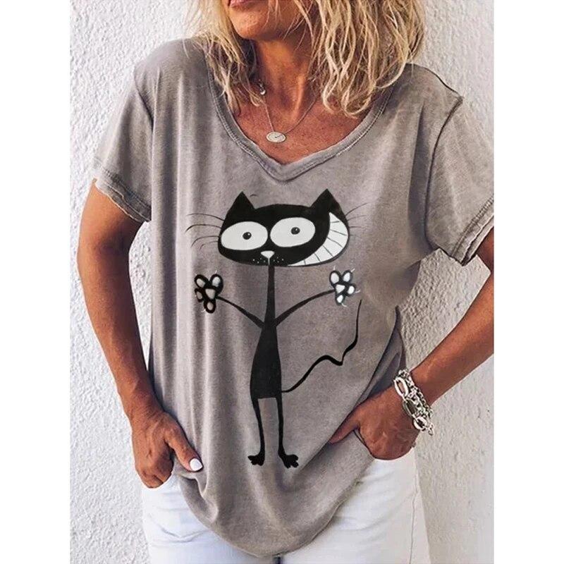 Fashion Woman Blouses T-shirt Women's 3d Cats Print Black Kawaii V-neck T Shirt Female Clothing Oversized Summer Tops Tees