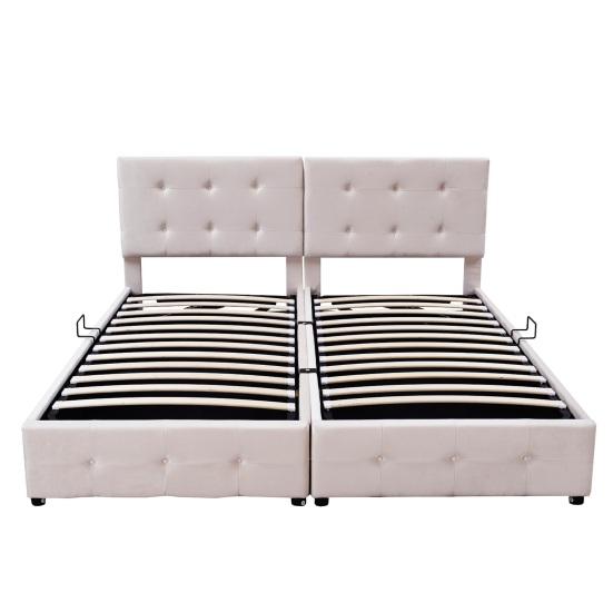 Bed Upholstered 180x200cm Hydraulic Storage Bed High Box Multifunctional Double Skin-Friendly Velvet Fabric Beige Flat