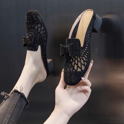Стразы с бантом Женские тапочки и женские сандалии Средний каблук Сетчатые дышащие Повседневная обувь 2025 Роскошные 39 Низкая цена Шлепанцы